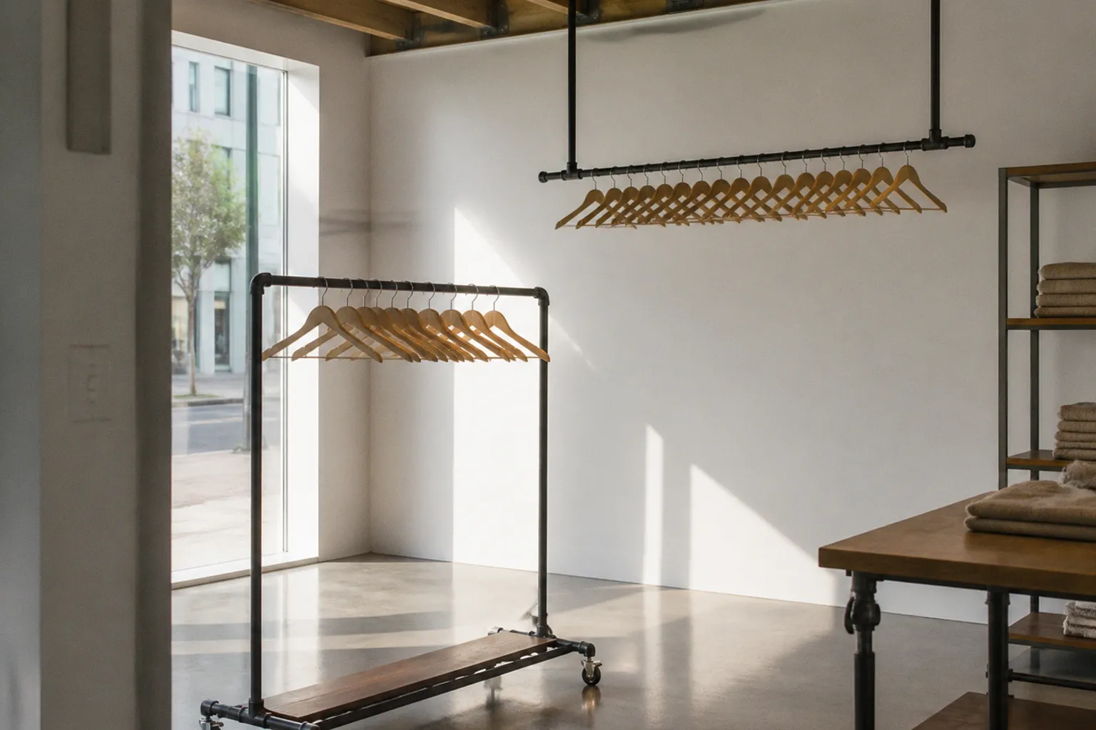 Floor racks vs ceiling hung rails for apparel storage