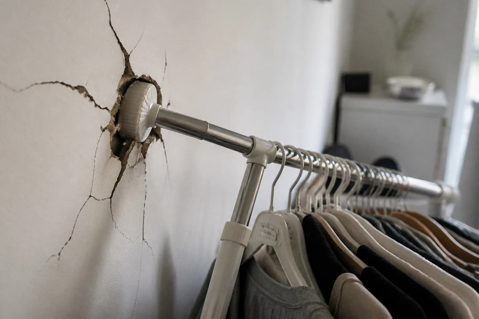 Tension garment racks: wall damage and collapse risks